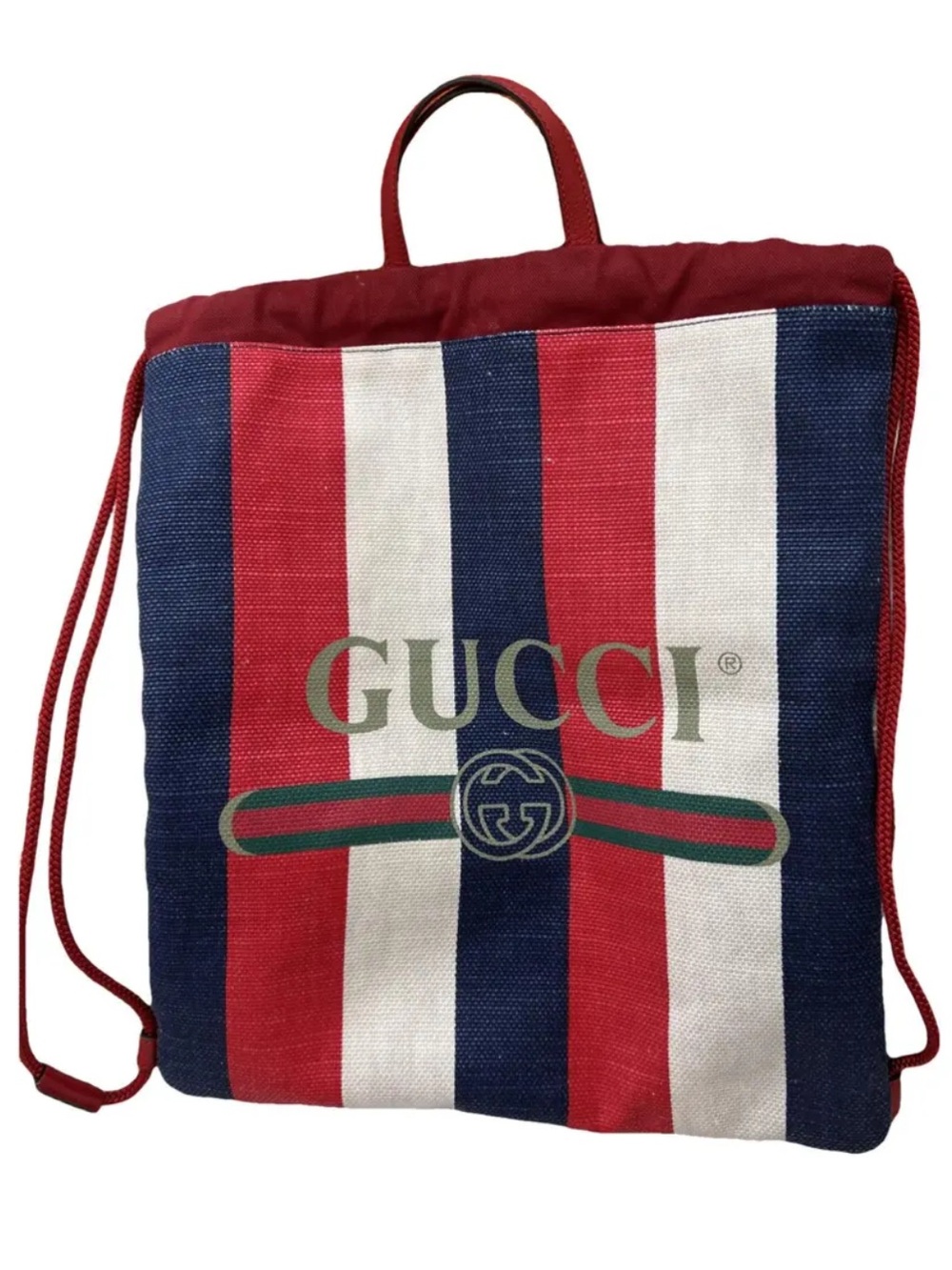 Gucci Red, Blue & White Striped Canvas Drawstring Backpack with Logo